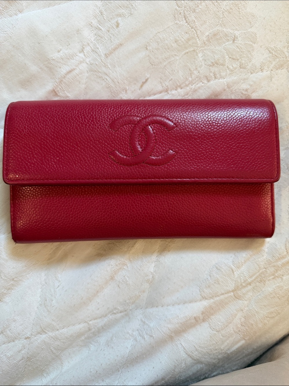 CHANEL Red Pebbled Leather Long Wallet with Embossed CC Authentic